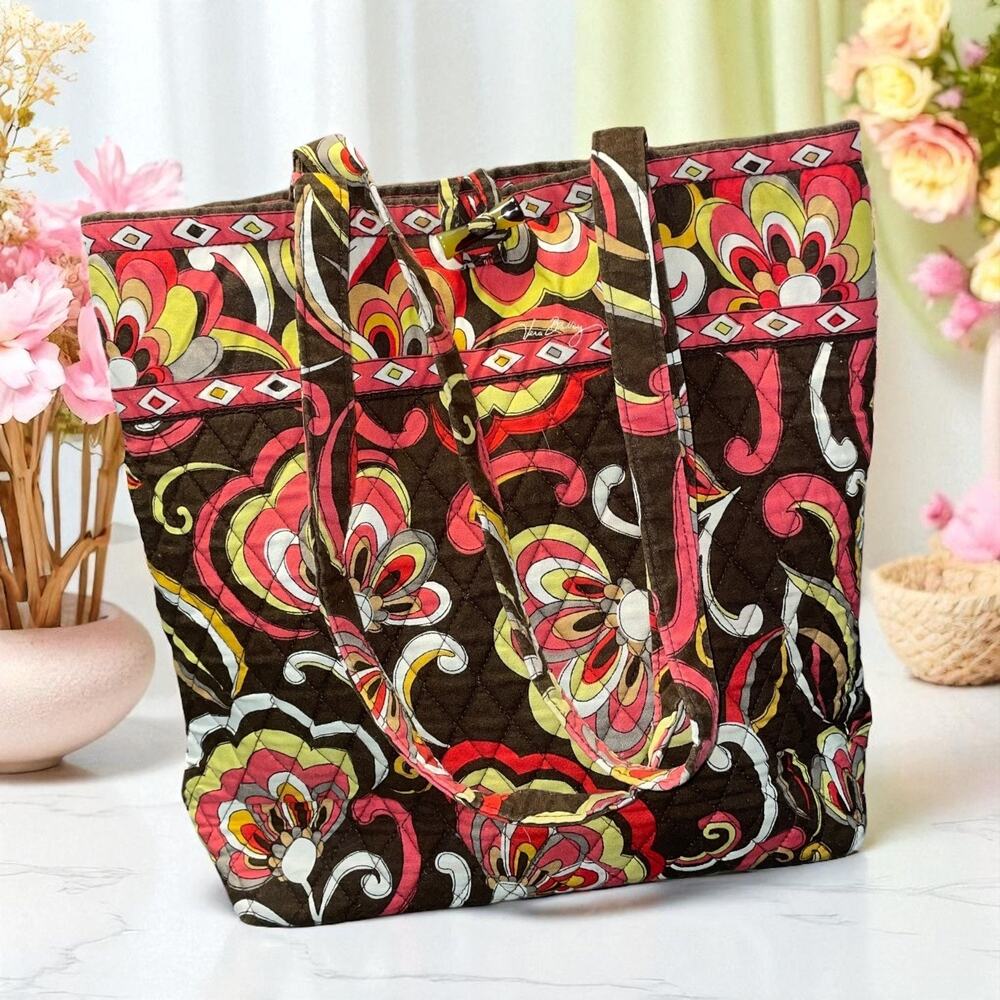 Vera Bradley Retired Puccini Floral Tote Shoulder Bag Purse Toggle Brown Orange